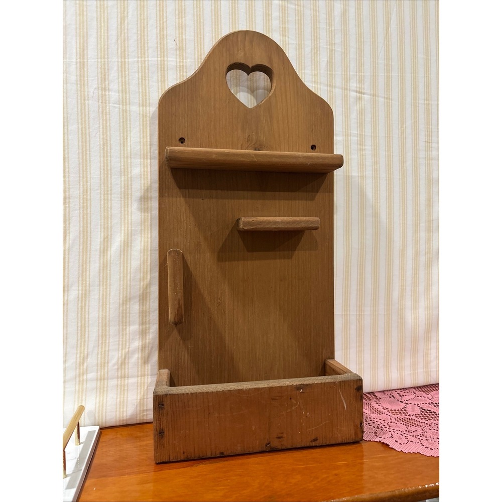 Vintage Wooden Wall Organizer Heart Cutout Farmhouse Mail Holder or hot tools